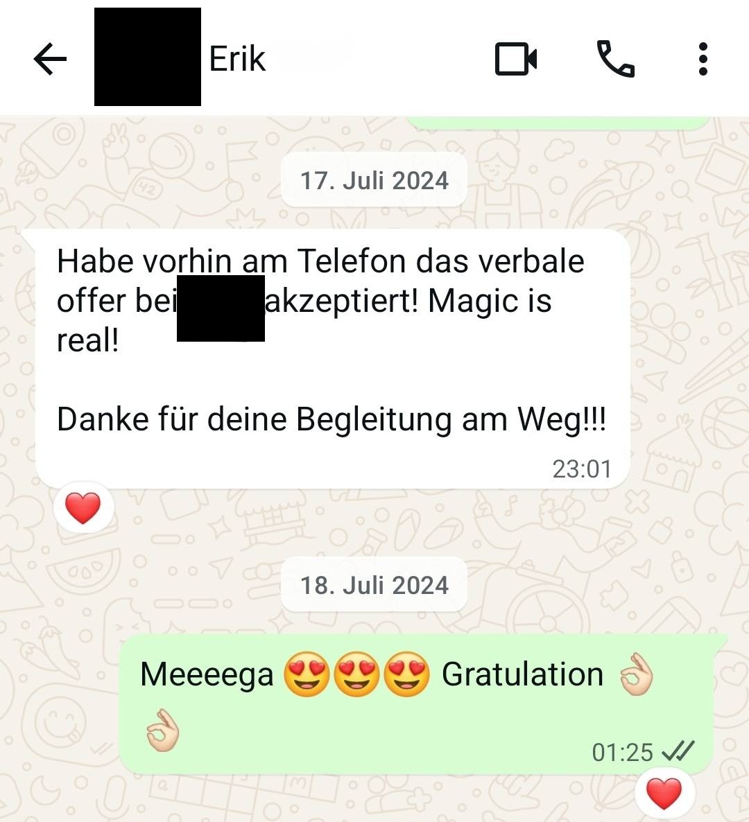 Ergebnis aus dem Business Coaching mit Mario Genner: Erik erhielt innerhalb eines Jahres zwei Angebote seiner Traumbank